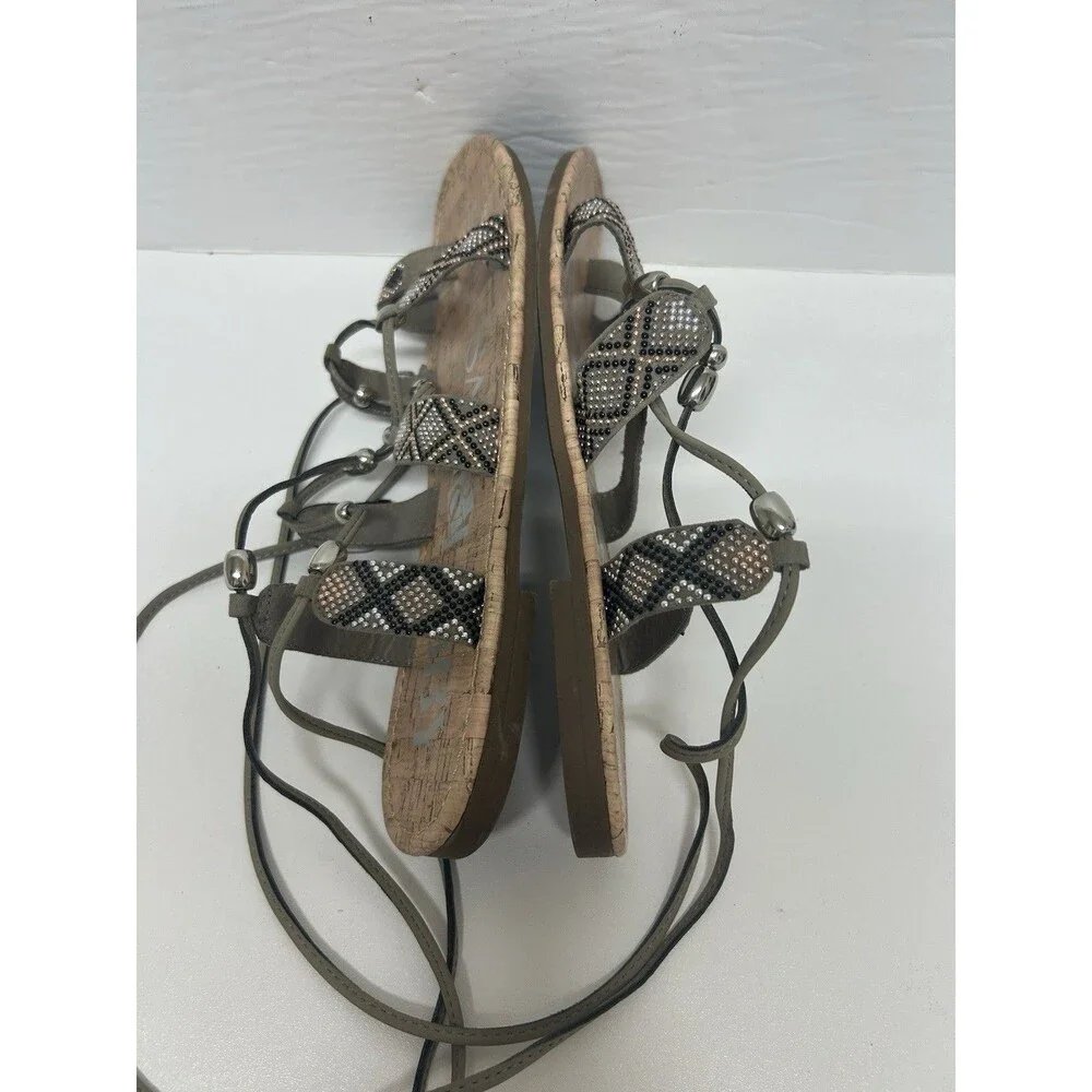 Sam & Libby Sandals Metallic Beaded Lace Up Gladiator Flats 8 Boho Western Festi